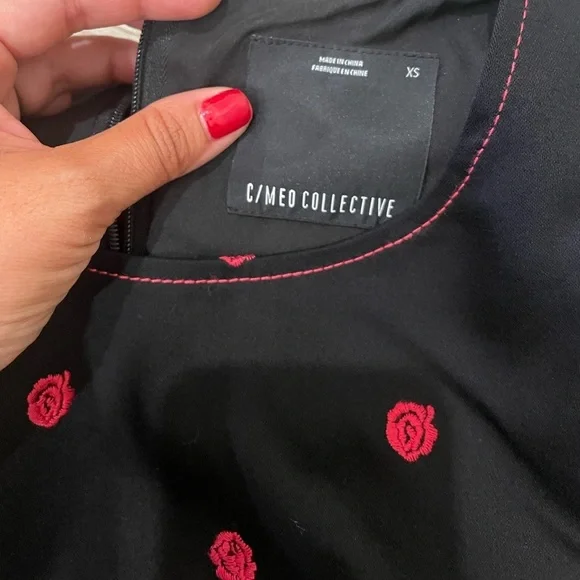 Anthropologie x C/MEO Collective Black Pink Rose Embroidered Dress Whimsigoth - Picture 7 of 12